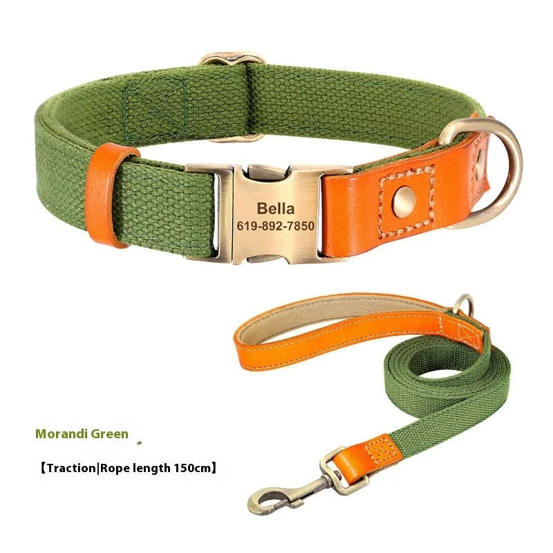 Small dog mohair collar and traction rope set in Mo Landi green with lettering