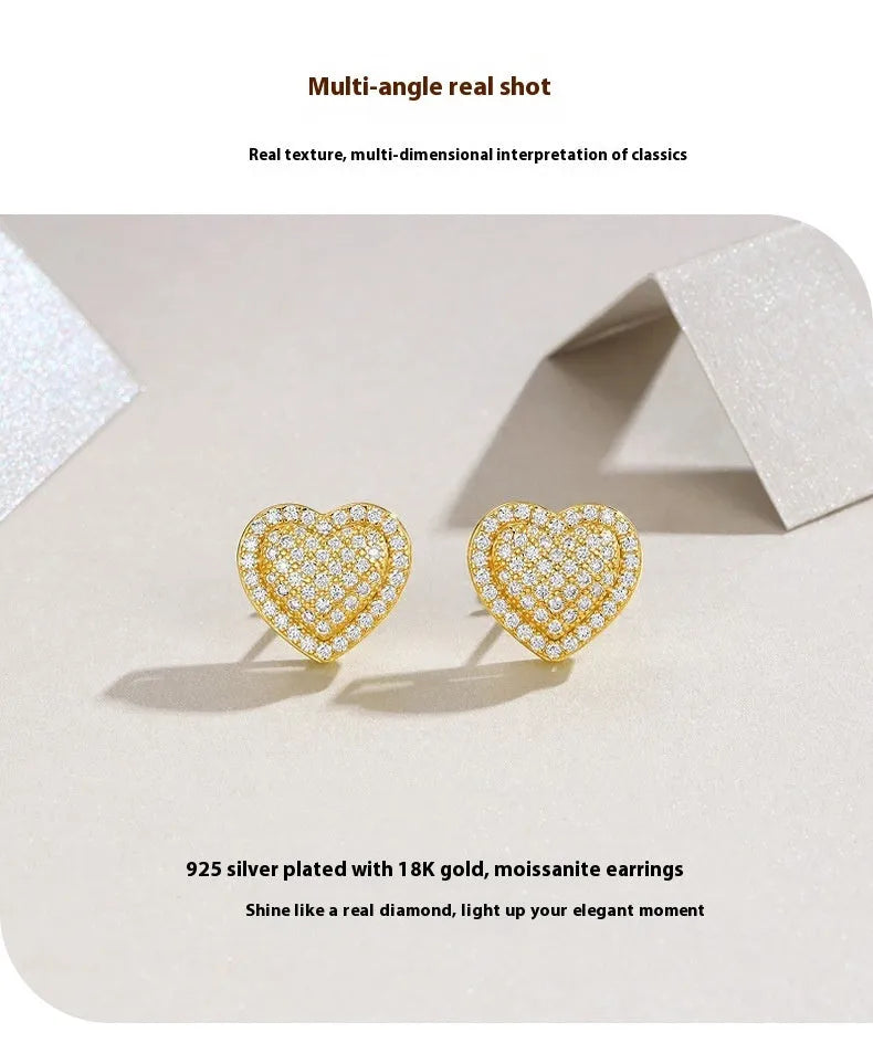 Golden heart-shaped moissanite stud earrings on S925 sterling silver posts