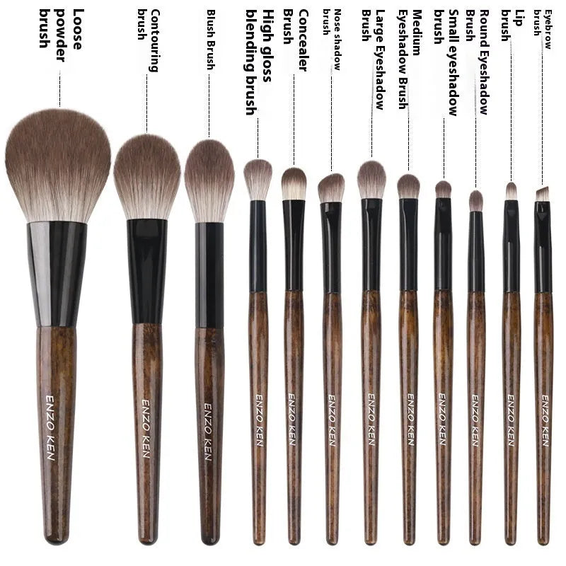 12 makeup brushes with wooden handles in a grey PU storage case, including powder foundation brush