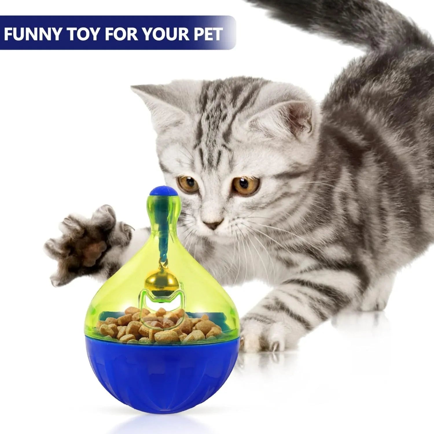 Blue and white durable pet treat dispenser tumbler toy for dogs and cats on a wooden floor.