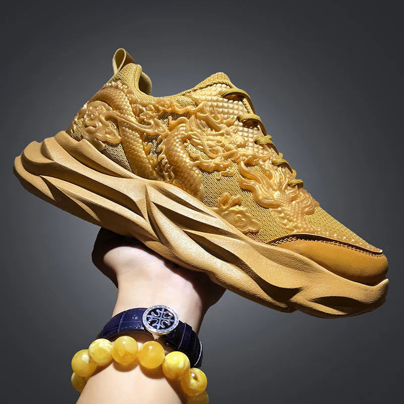 Chinese Loong casual sneakers with dragon print design on a breathable fly knit upper and rubber sole.