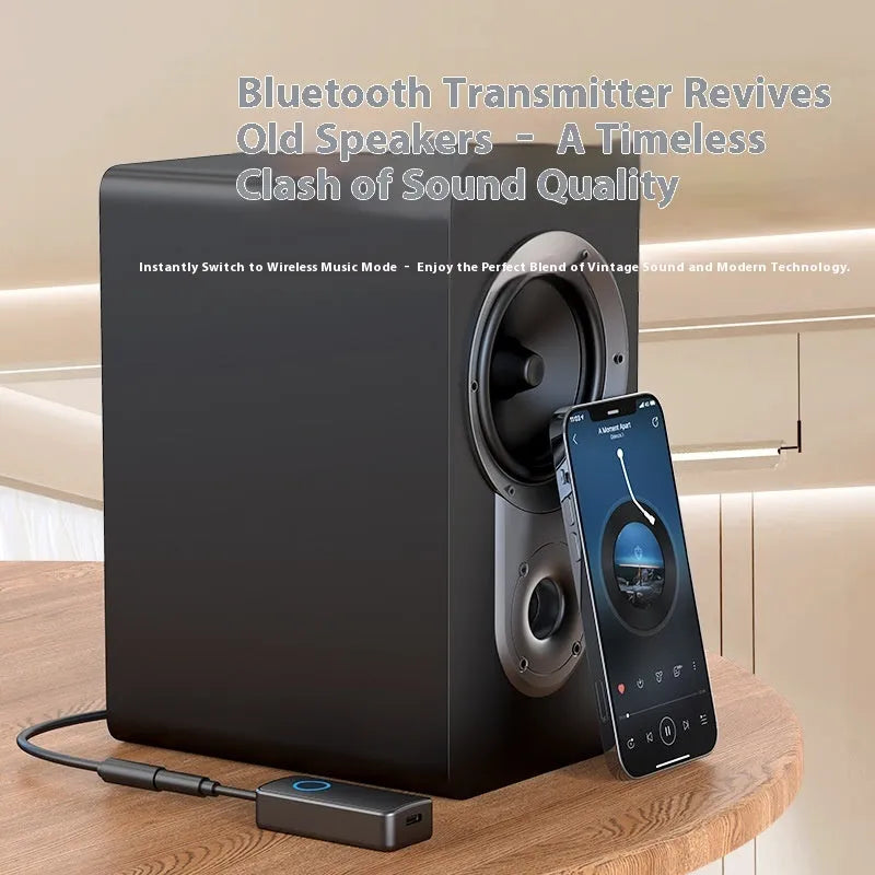 Black Bluetooth 5.4 audio adapter with 3.5mm plug for car stereo and speaker wireless streaming