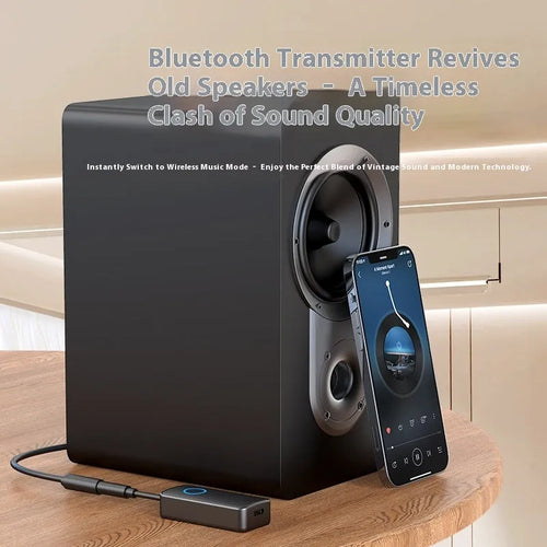 Black Bluetooth 5.4 audio adapter with 3.5mm plug for car stereo and speaker wireless streaming