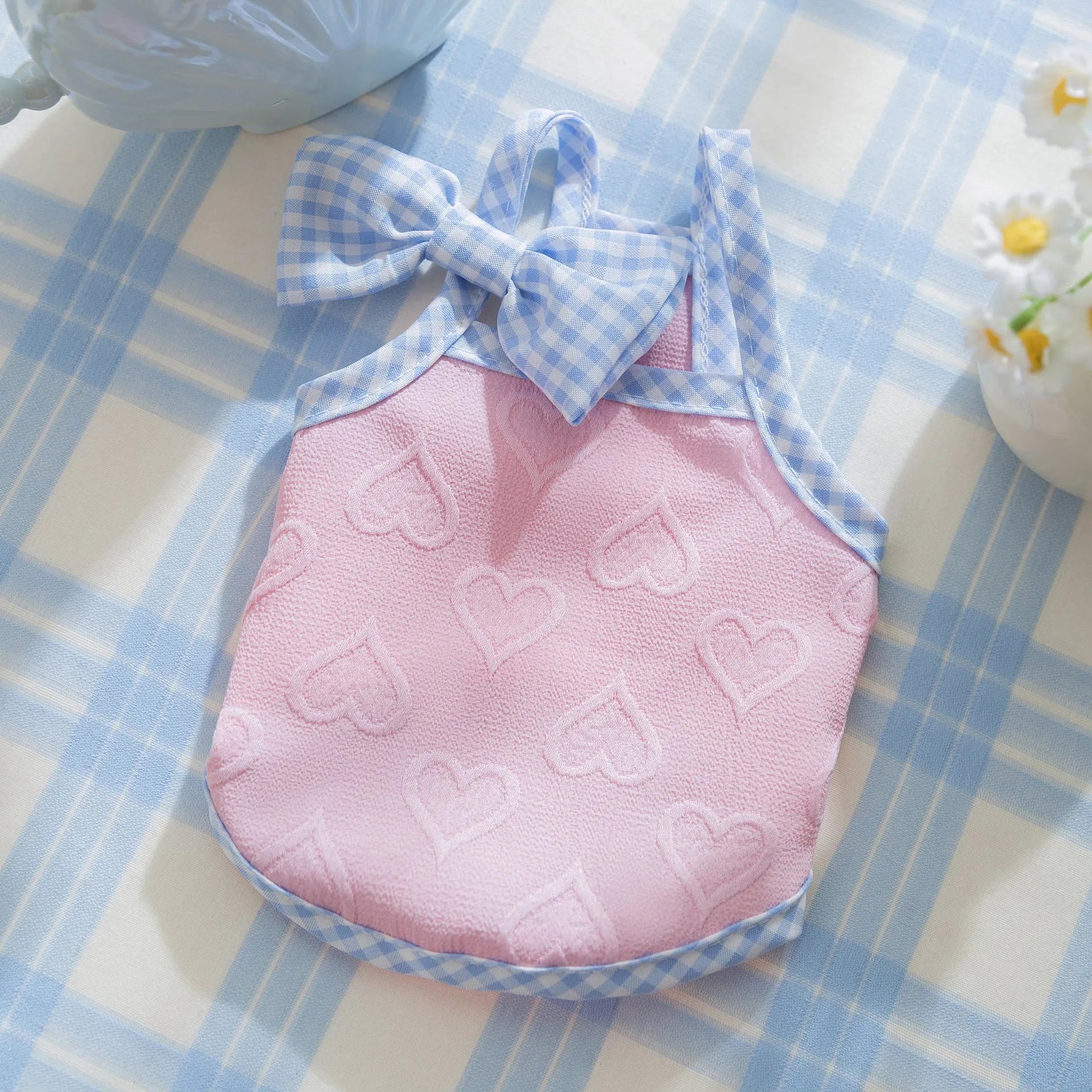 Small dog vest with heart texture and bow suspenders in blue, pink, or yellow with elastic sides