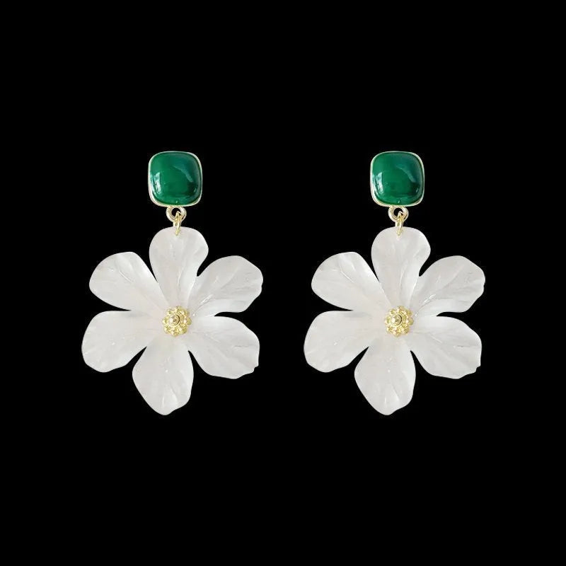 Dark green alloy earrings with detailed needle flowers sweet design for women