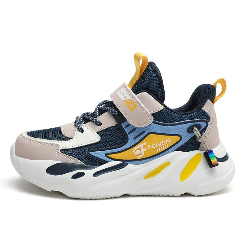 Boys' dark blue and black sports running shoes with velcro strap and mesh upper.