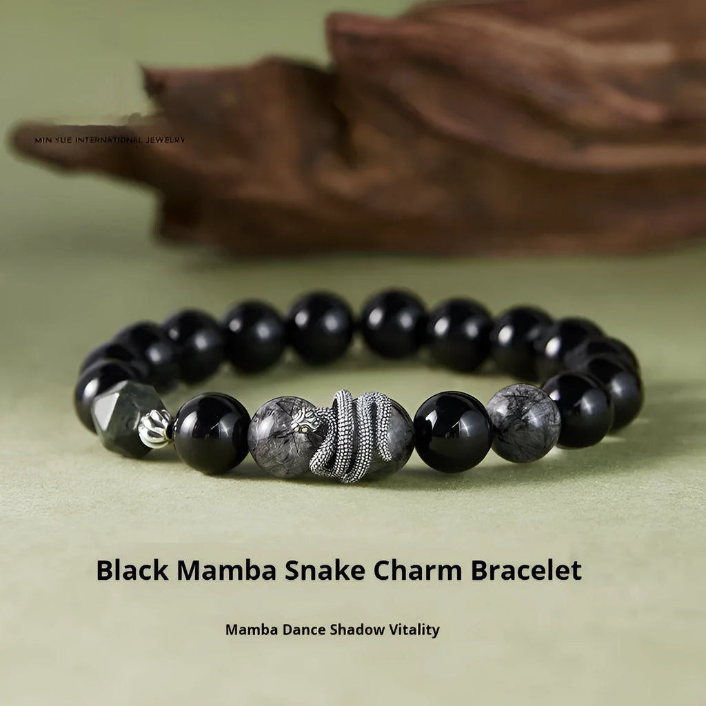 Men's black obsidian and sterling silver snake year bracelet with retro design, 10mm wide.