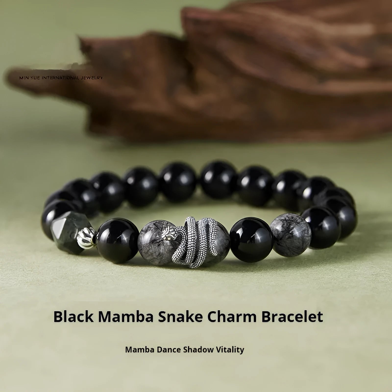 Men's black obsidian and sterling silver snake year bracelet with retro design, 10mm wide.