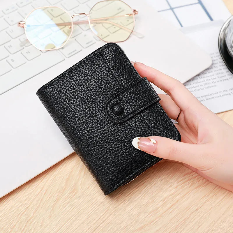 Ladies' short wallet with lychee pattern texture showing 2-fold design in beige, pink, black, and red colour options
