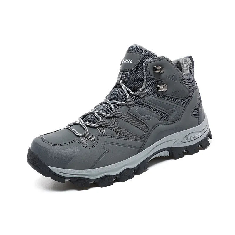 Same high-top hiking sneakers in light brown colour with front lace-up design and natural rubber outsole