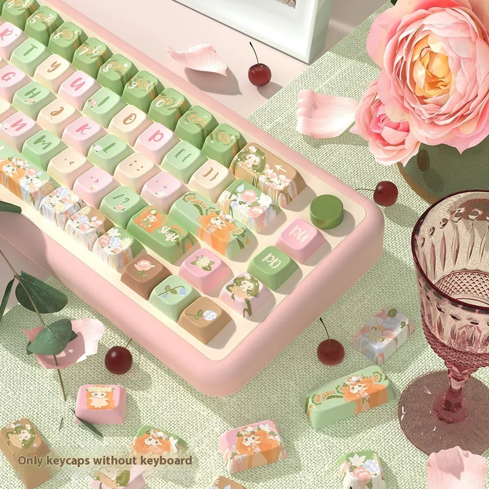 Garden-themed mechanical keyboard key cap set showing botanical designs on multiple keys