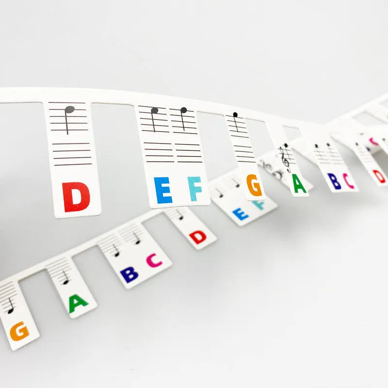 White cardboard piano keyboard stickers for 88 keys with colour note bars and black note labels