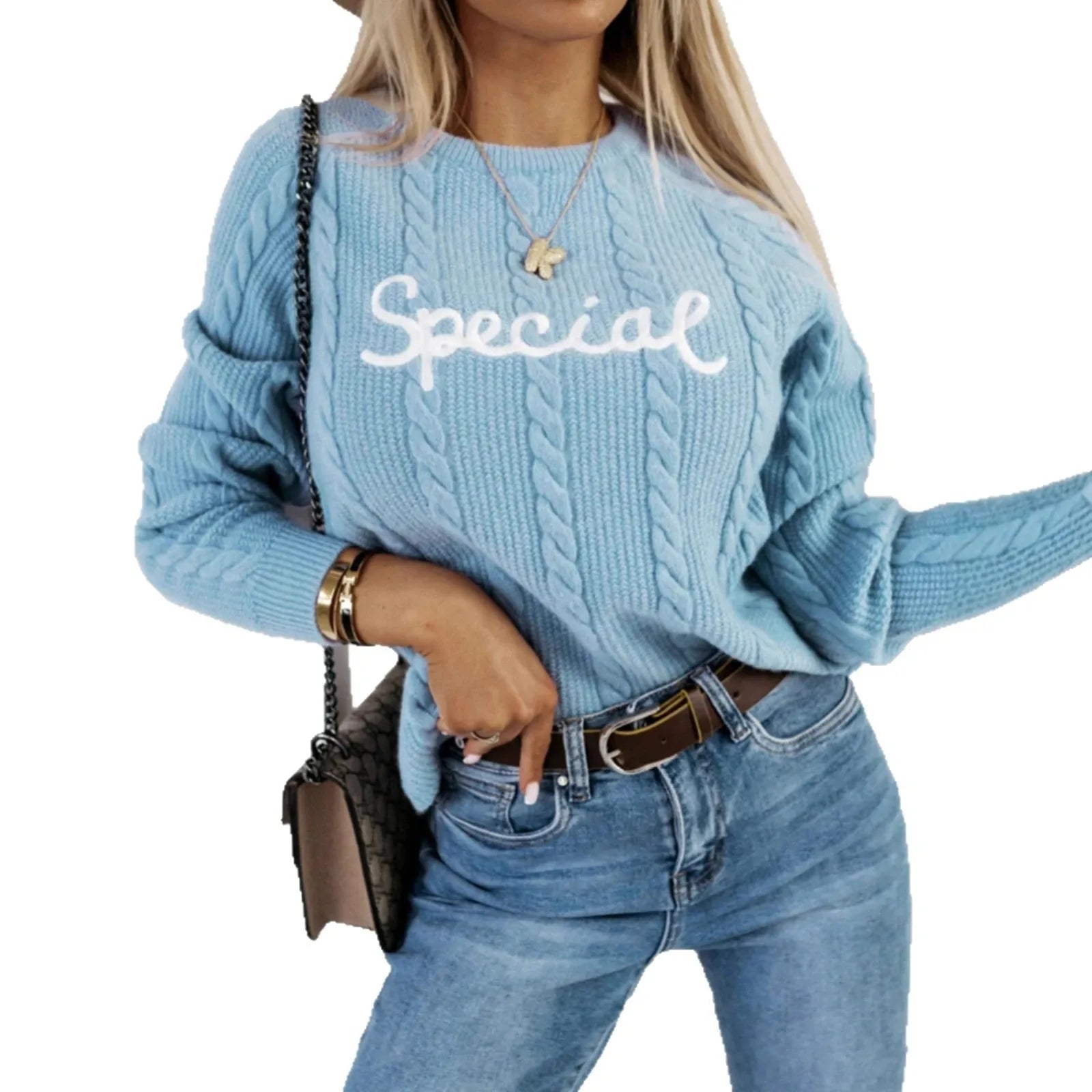 Blue crew neck pullover sweater with embroidered letters and numbers on the front.