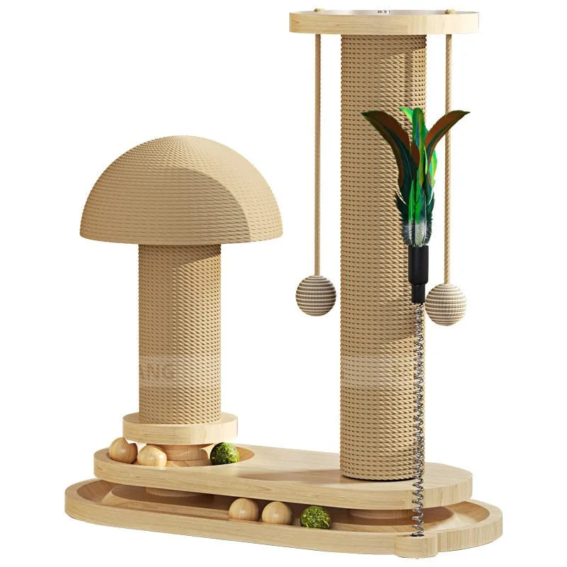 Solid wood cat scratching post with a central turntable, shown in a basic large flower style.