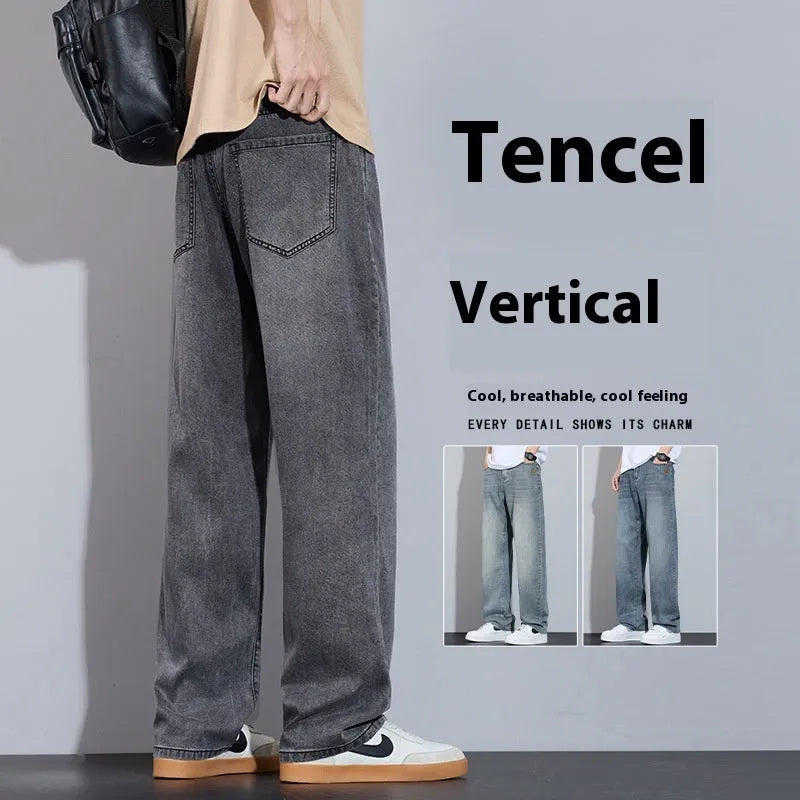 Ice silk denim wide-leg trousers straight casual style with zip placket fly opening