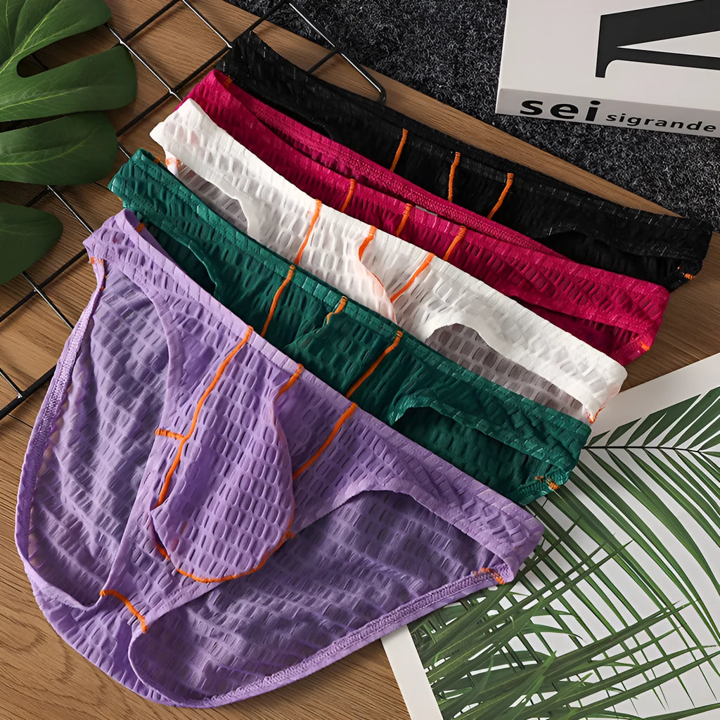 Men's low-waist ice silk lace briefs in white, black, green, red, and purple colours.