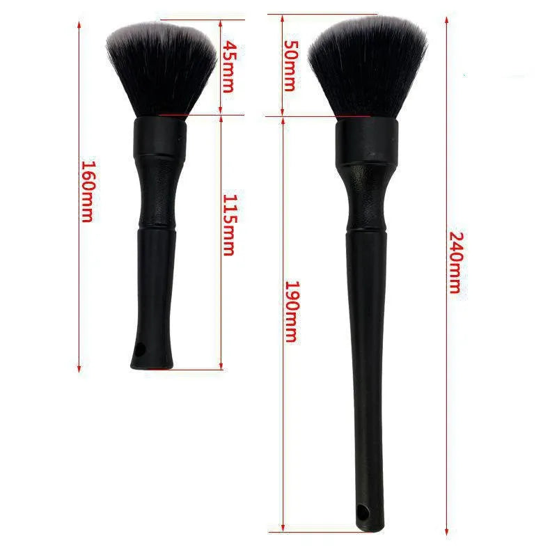 Black car detailing brush with pig hair bristles and PP plastic handle shown in two size options.