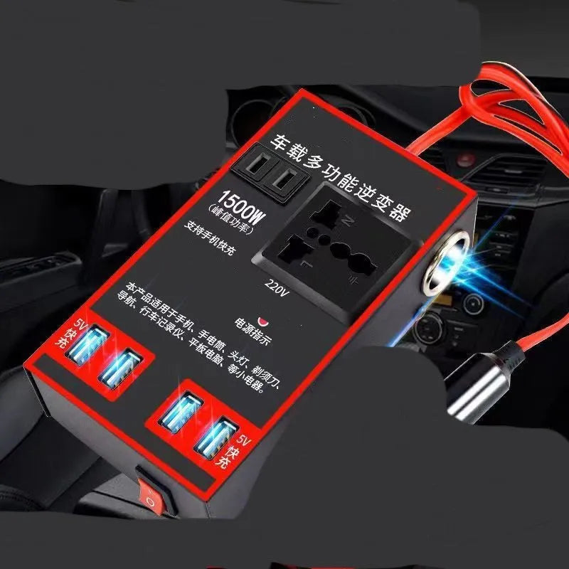 Black car power converter with 12v24v to 220v conversion and 4 USB charging ports