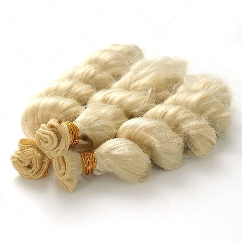 Golden synthetic fibre wig in three length options: 18, 20, and 22 inches.