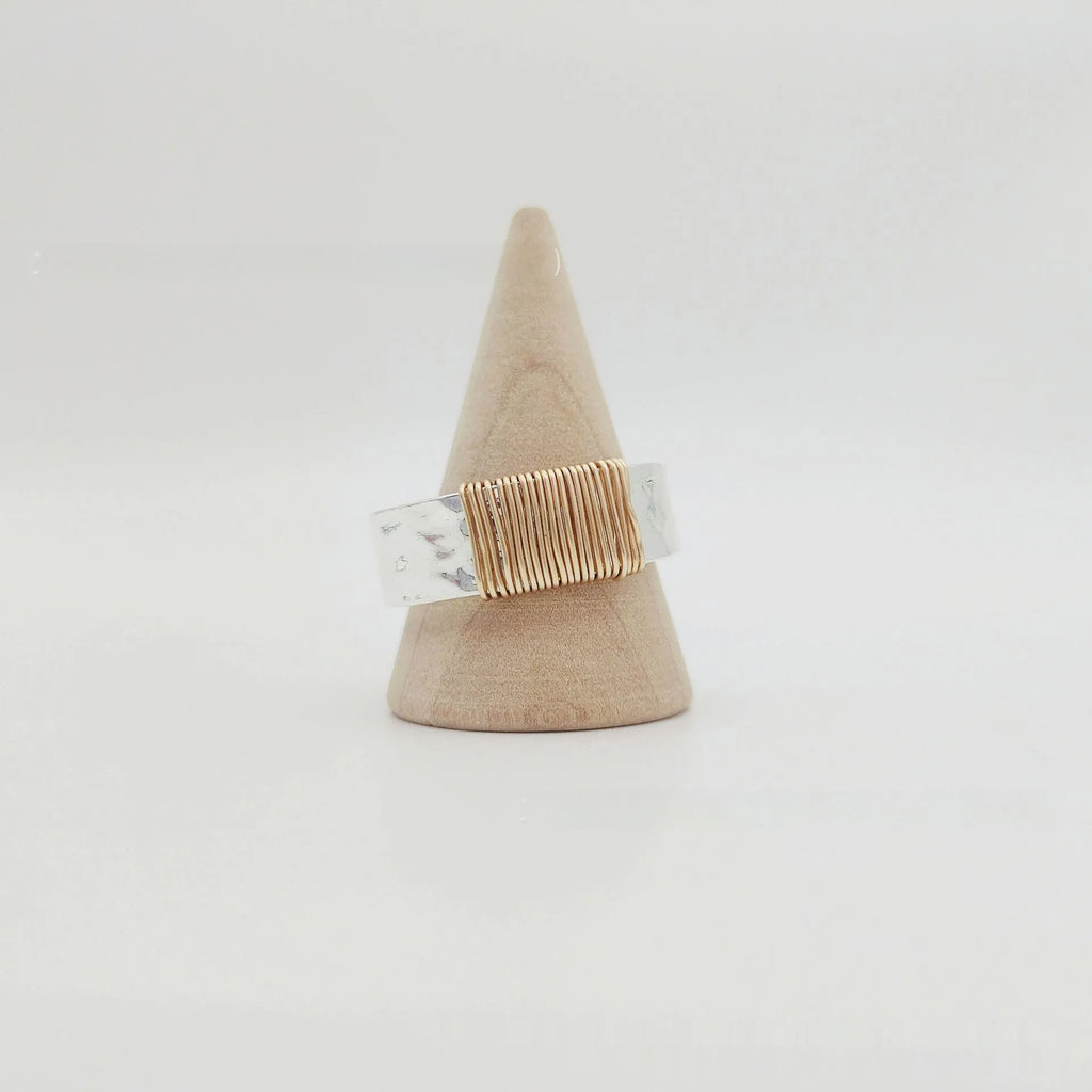 Geometric copper ring bracelet with irregular coil design in silver gold finish