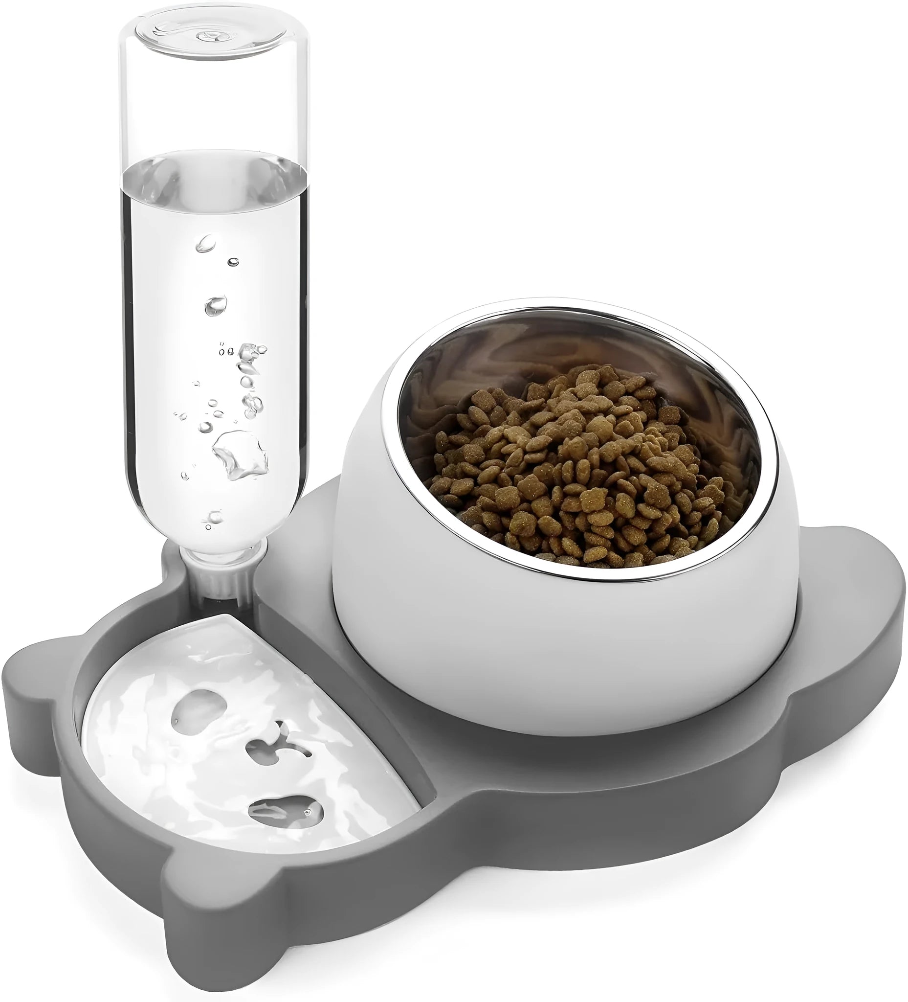 Grey panda-shaped automatic water bowl for cats with tilted feeding design and 17 oz water bottle