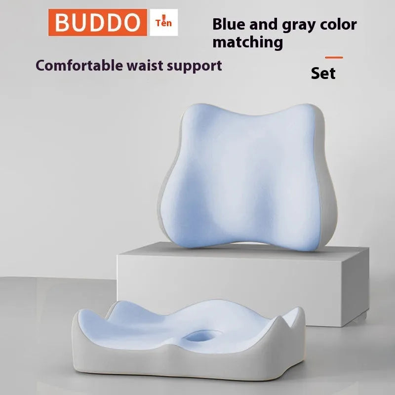 A waist rest seat cushion with memory foam filler for office use, shown in a blue and grey colour combination.