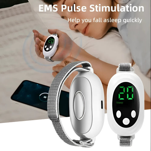 White sleep aid instrument with handheld remote control and wearable bracelet on a charging cable.