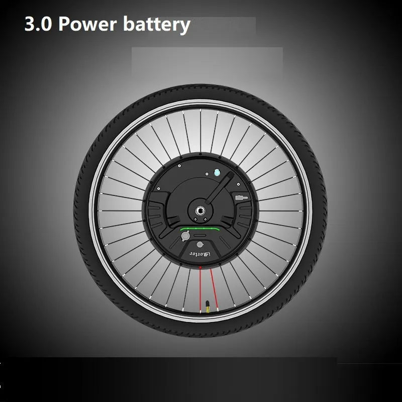 26-inch bicycle electric conversion kit showing hub motor wheel, lithium battery, and 12.6V5A charger