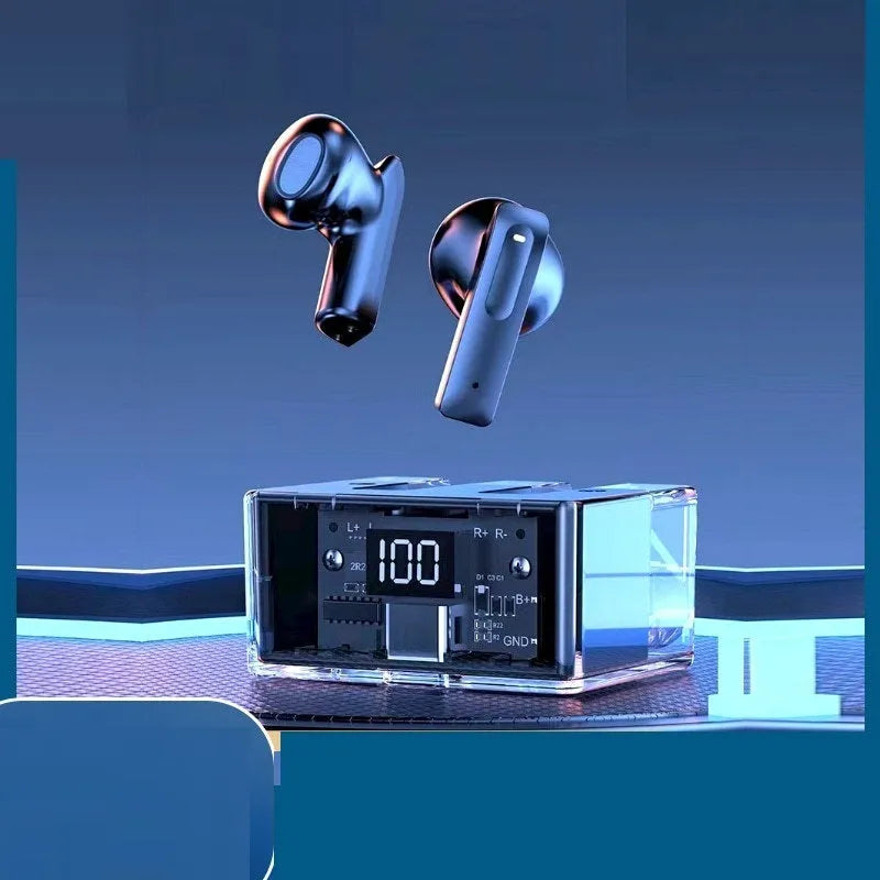 Transparent space capsule case true wireless Bluetooth headset with digital display screen