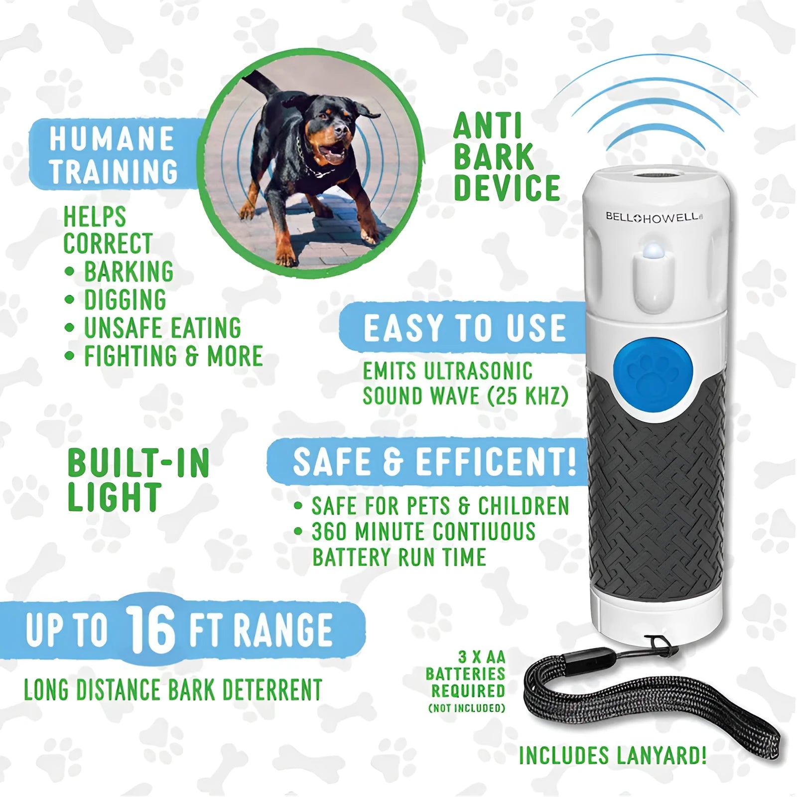 White handheld ultrasonic dog bark control trainer on a plain background