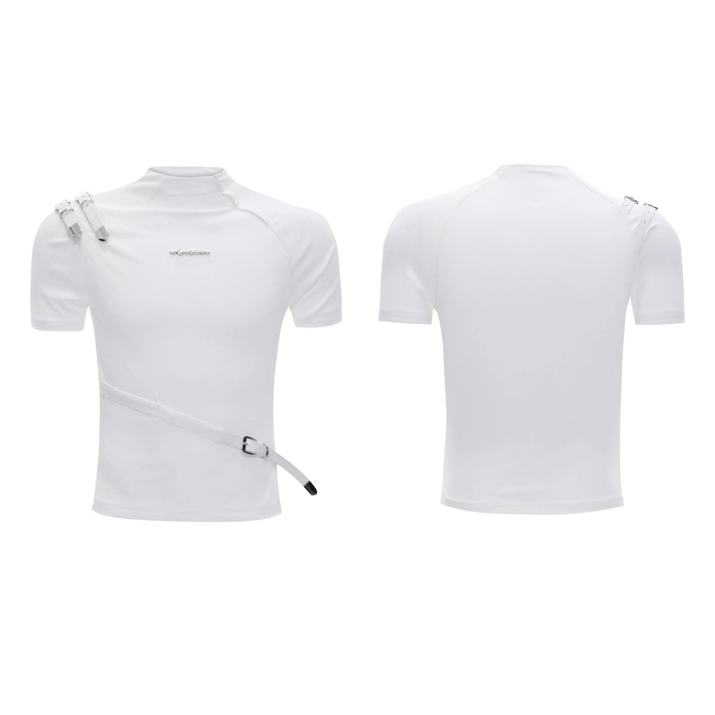 Men's black cotton short sleeve t-shirt with metal belt detail and stand-up collar
