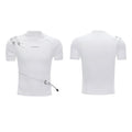 Men's black cotton short sleeve t-shirt with metal belt detail and stand-up collar