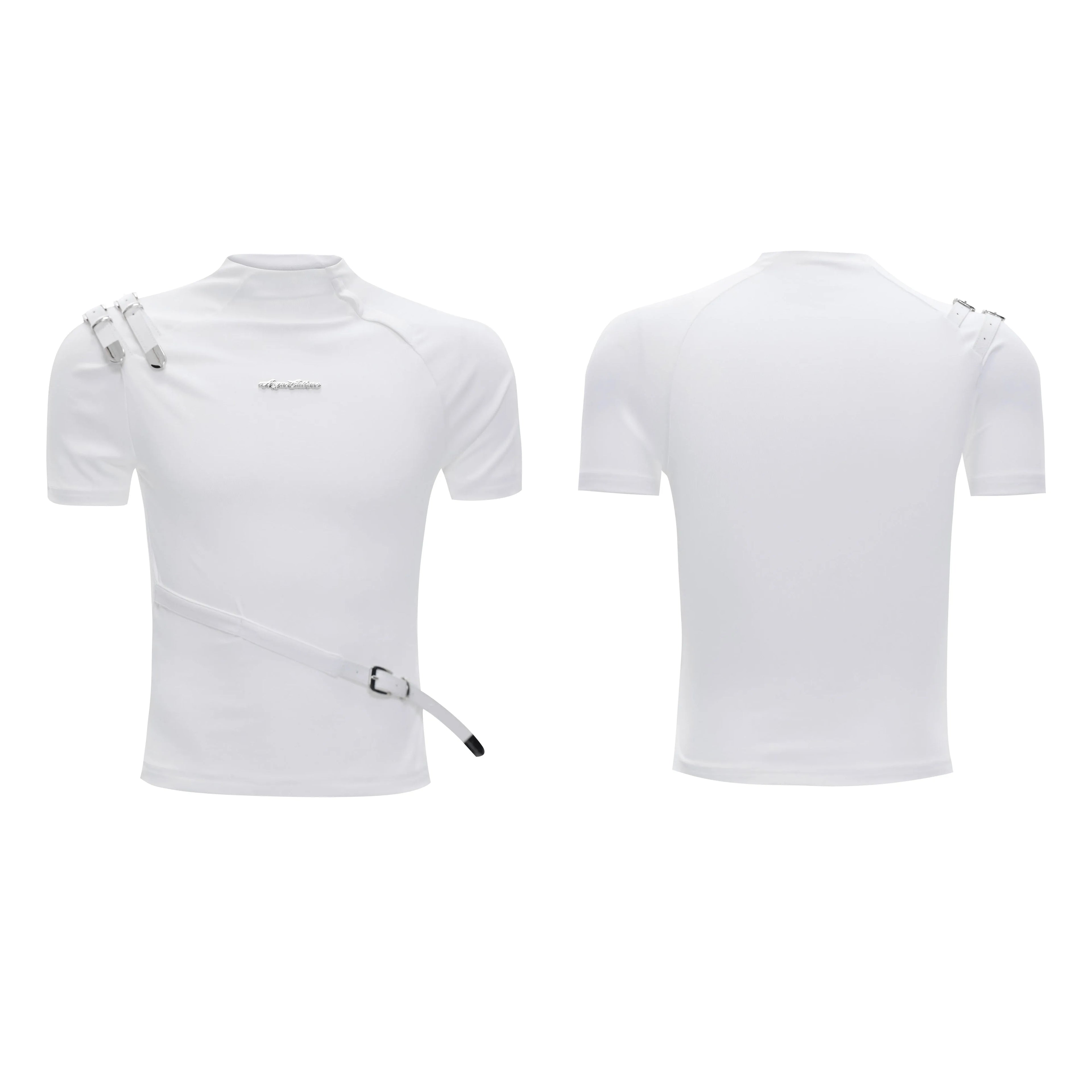Men's black cotton short sleeve t-shirt with metal belt detail and stand-up collar