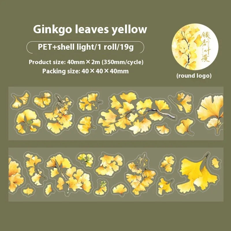 Six rolls of transparent PET decorative stickers with leaf patterns for hand account books