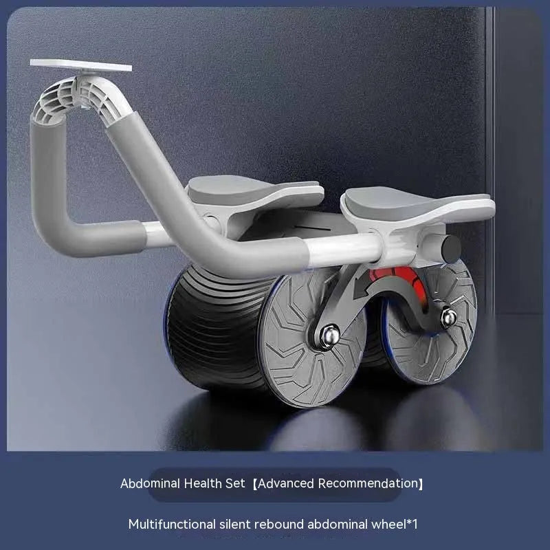 Black and blue automatic rebound abdominal exercise wheel on a matching grey blue locking edge yoga mat.