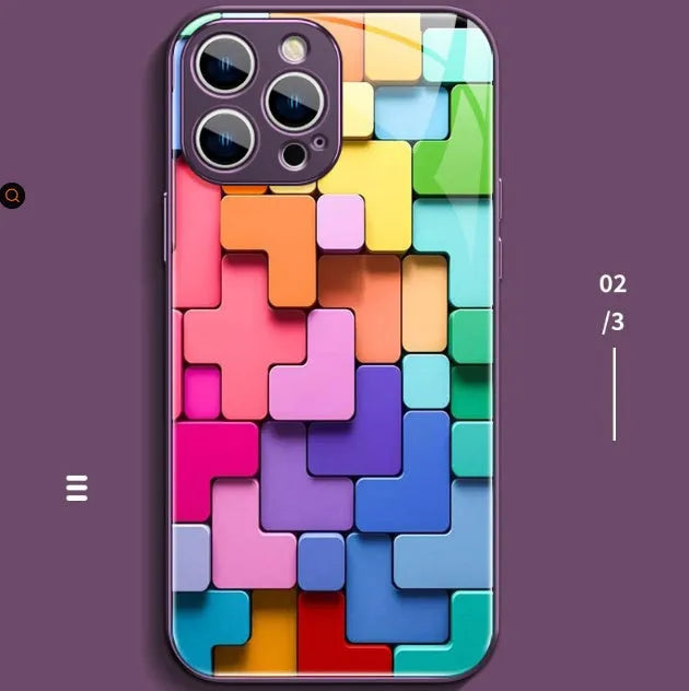 Colourful building block geometry pattern on a black silicone back cover case for an iPhone.