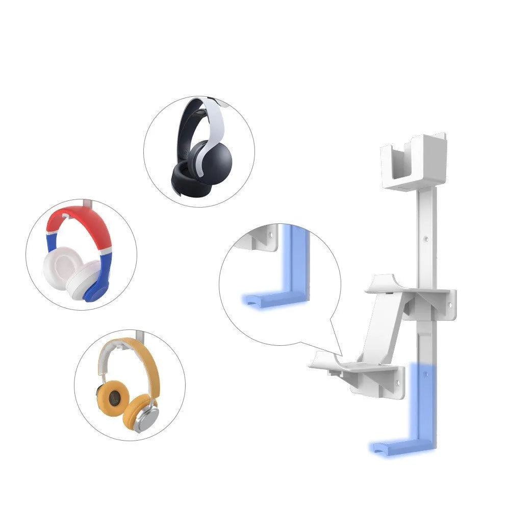 White ABS plastic wall hook holding a game controller and a black gaming headset.
