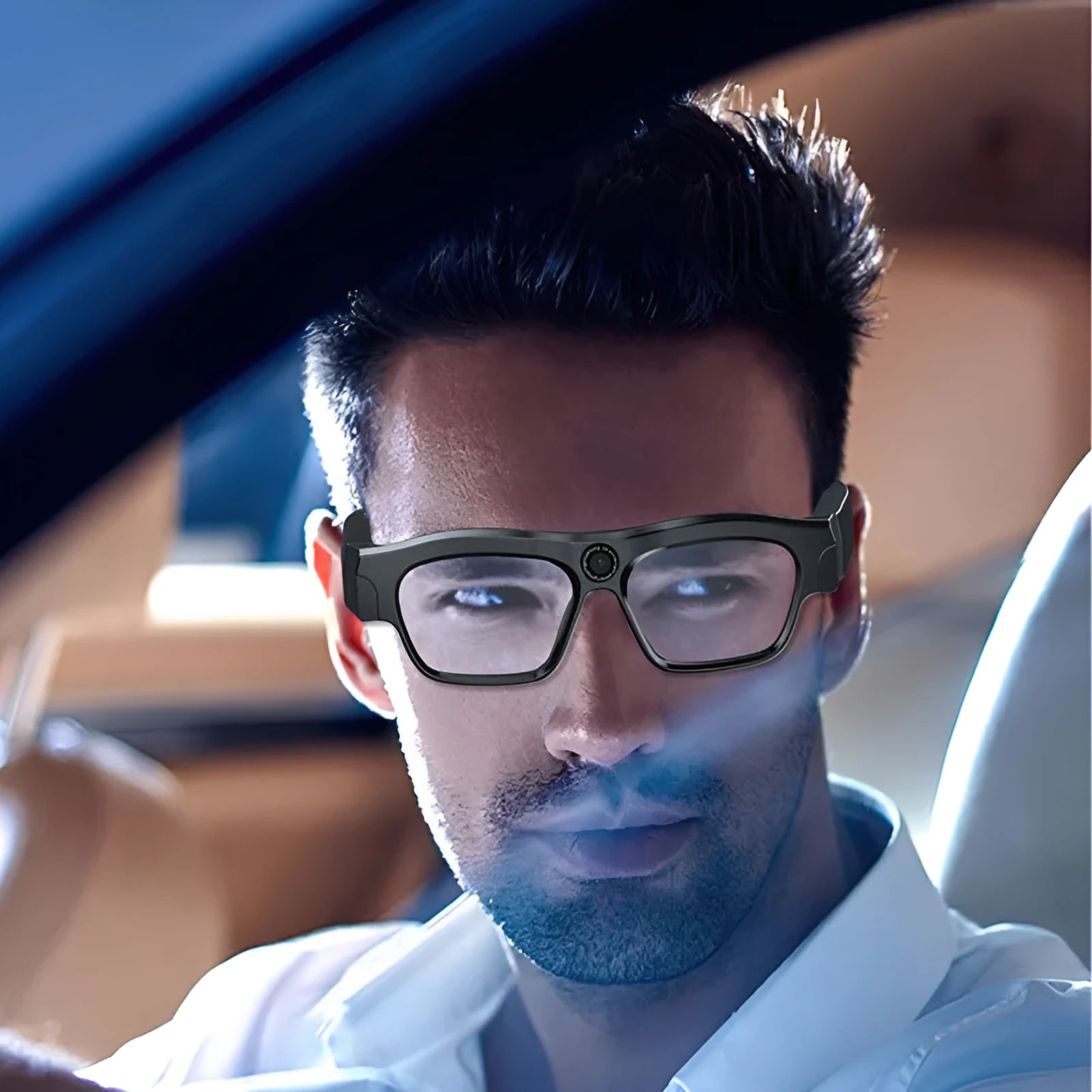 Black smart Bluetooth glasses with head-mounted video recording camera and touch button controls