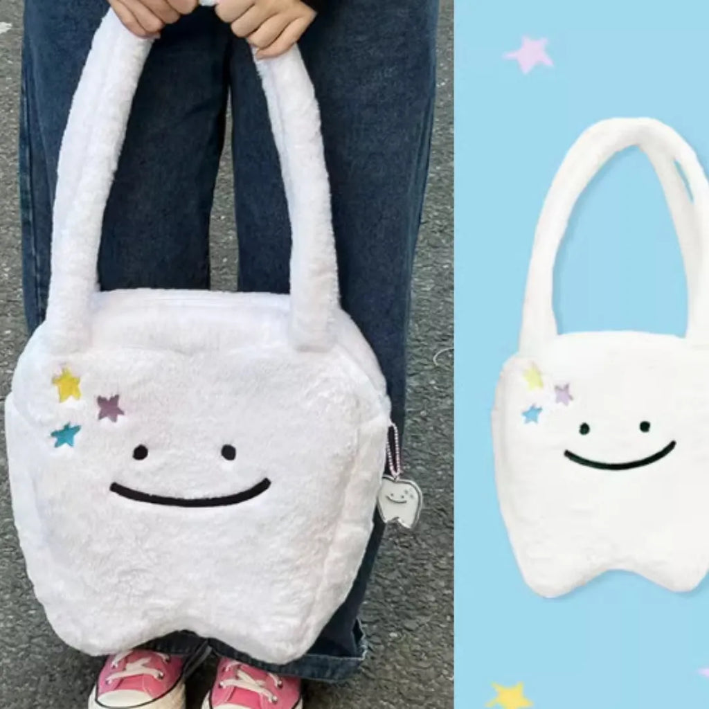White plush shoulder tote bag with cute teeth pattern and zipper opening