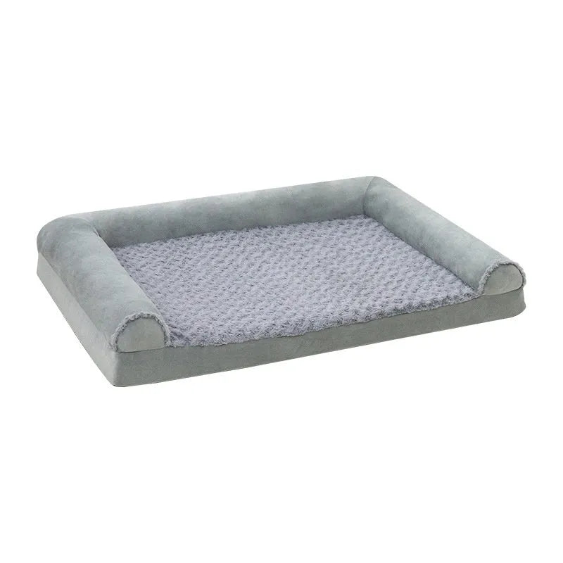 Light grey cloth dog kennel with raised sides for a medium-sized dog, shown on a wooden floor.