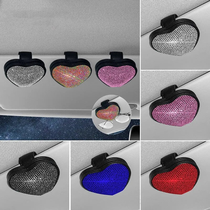 Diamond-encrusted PU leather magnetic clip for car sun visor, holding sunglasses and a card.