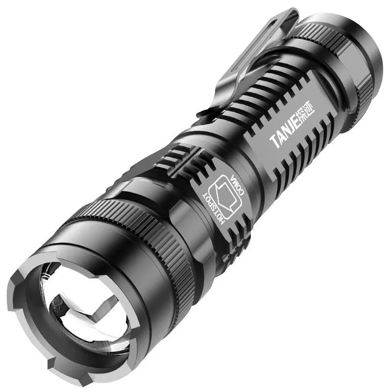 Black aluminium mini LED flashlight with telescopic zoom and belt clip showing three lighting modes