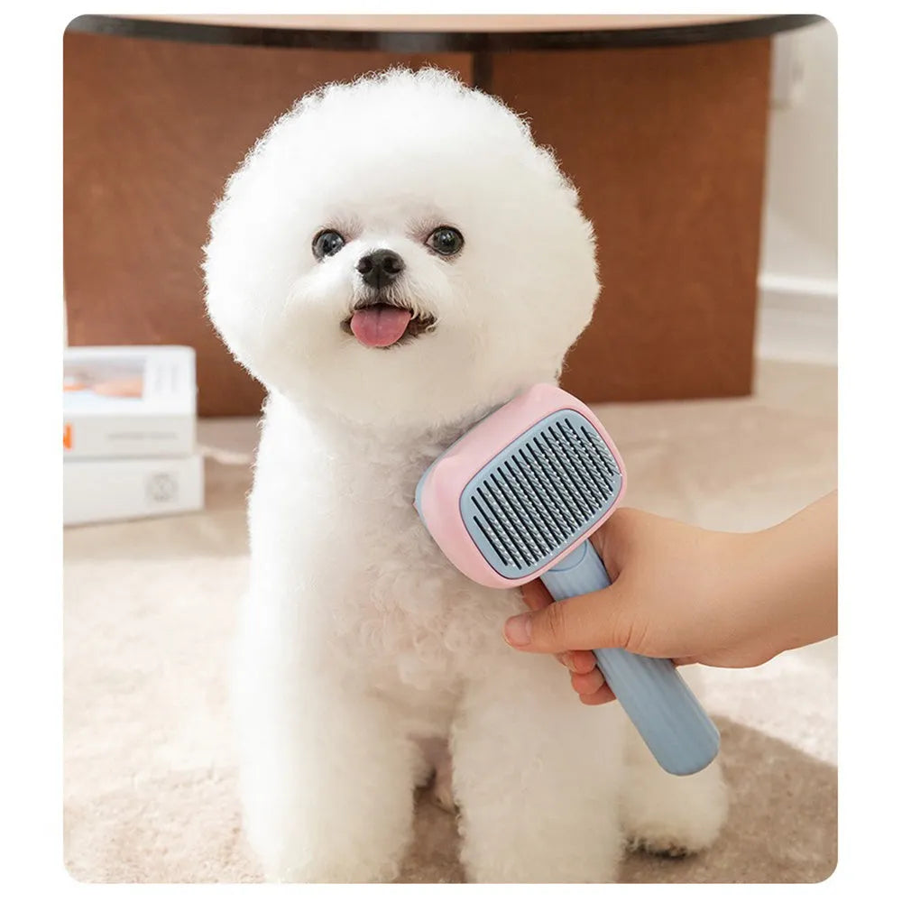 Red double-sided pet deshedding brush with dematting comb on a white background.