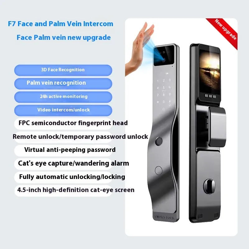 F7 model smart door lock with face recognition camera, fingerprint sensor, and keypad on aluminium alloy surface.