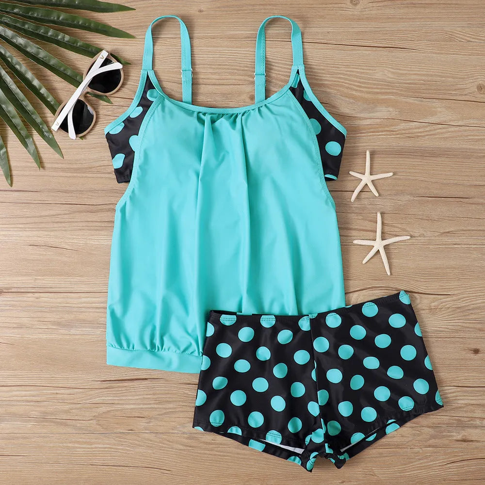 Women's split printed polka dot boxer swimsuit briefs in high-waist conservative style