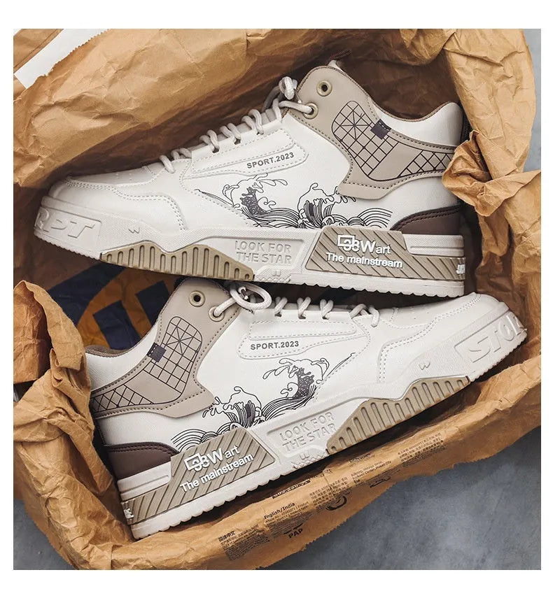 Men's high-top casual board shoes in beige, white, and blue with flat rubber soles and lace-up front