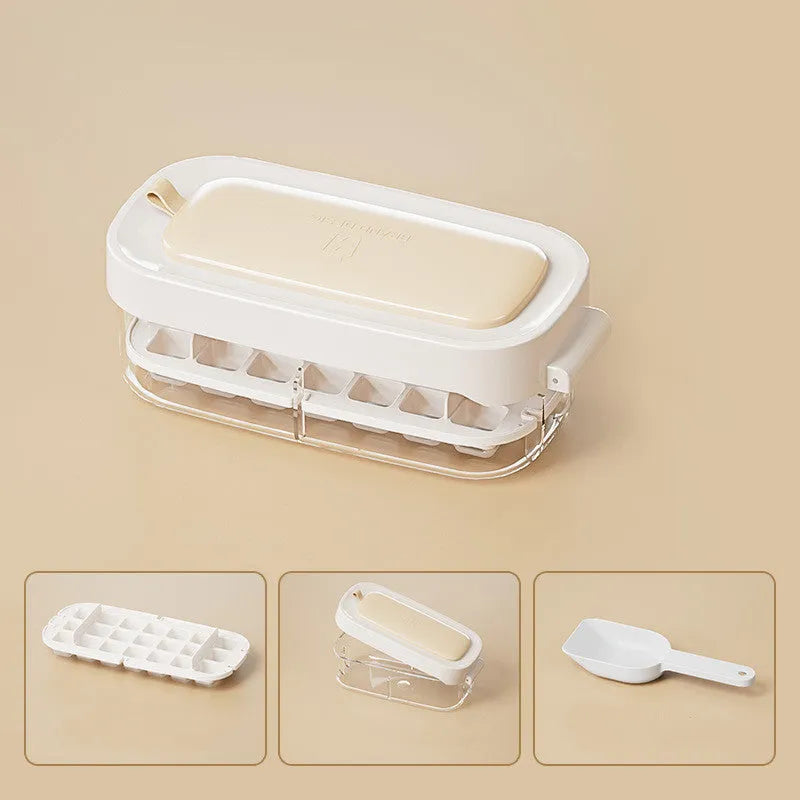 Blue food-grade plastic ice cube tray with grid design and integrated ice shovel storage.