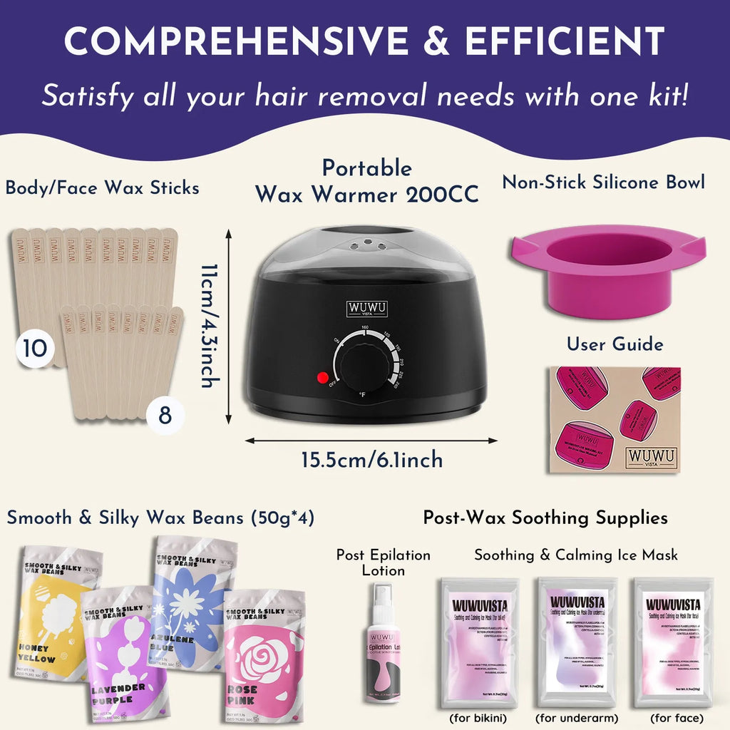 WUWUVISTA 29-piece hard wax hair removal kit with black warmer, wax beads, sticks, and aftercare products