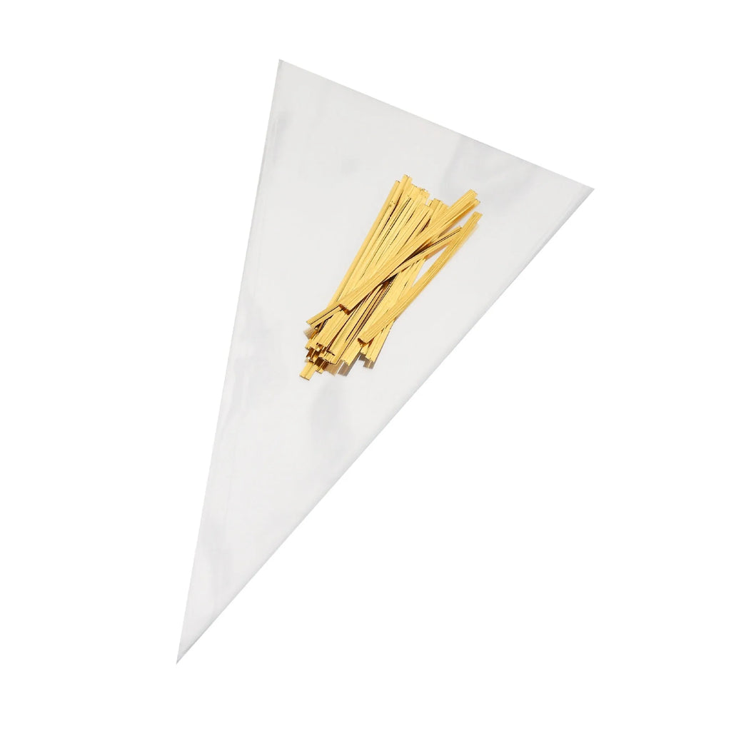 Transparent triangle-shaped plastic OPP bag with a silver tie wire closure, shown in a pack.