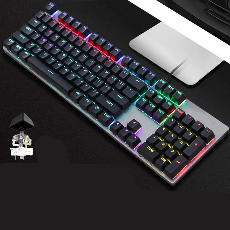 AOC GK410 mechanical keyboard with green switches, metal case, and backlit keys on a desk.